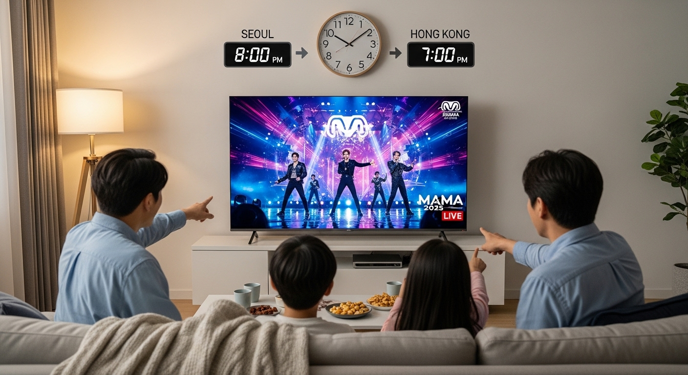 한국 가족이 TV로 MAMA 2025를 시청하는 모습과 서울-홍콩 시차를 나타내는 시계