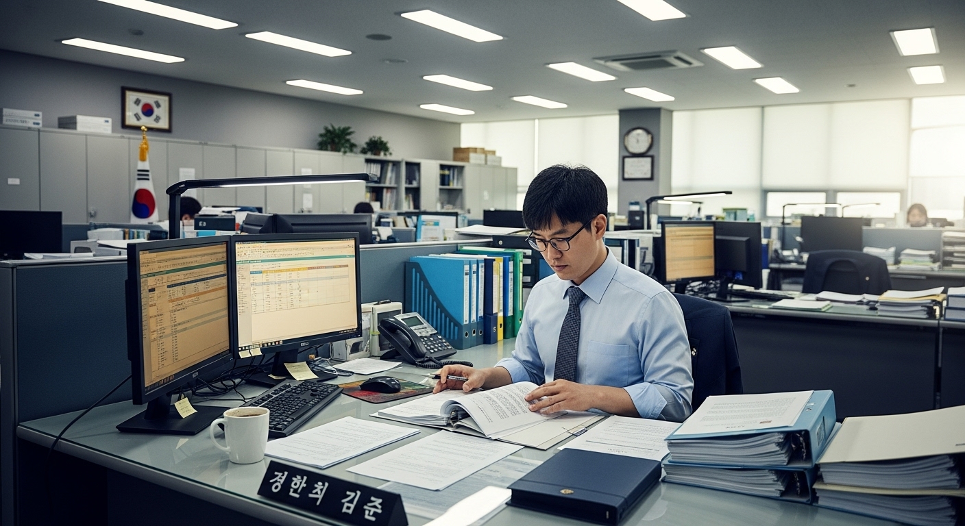 국세청 사무실에서 서류를 검토 중인 조사관의 집중된 모습