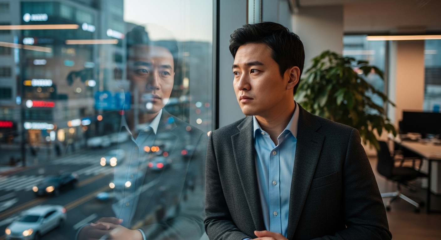 창밖을 응시하며 복잡한 감정을 곱씹는 남자의 모습