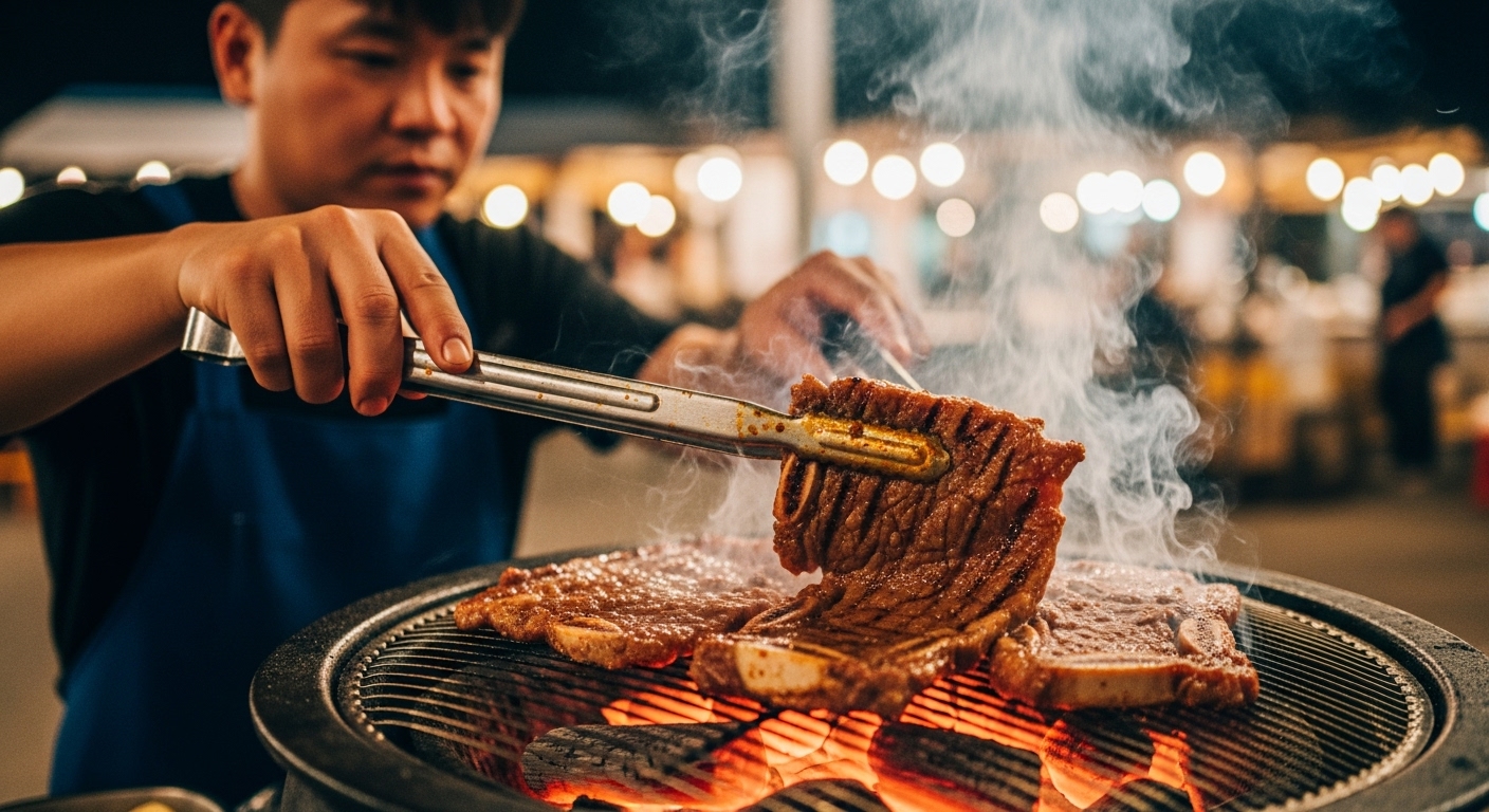 밤에 불꽃이 피어오르는 흑탄 위에서 고기를 굽는 장면
