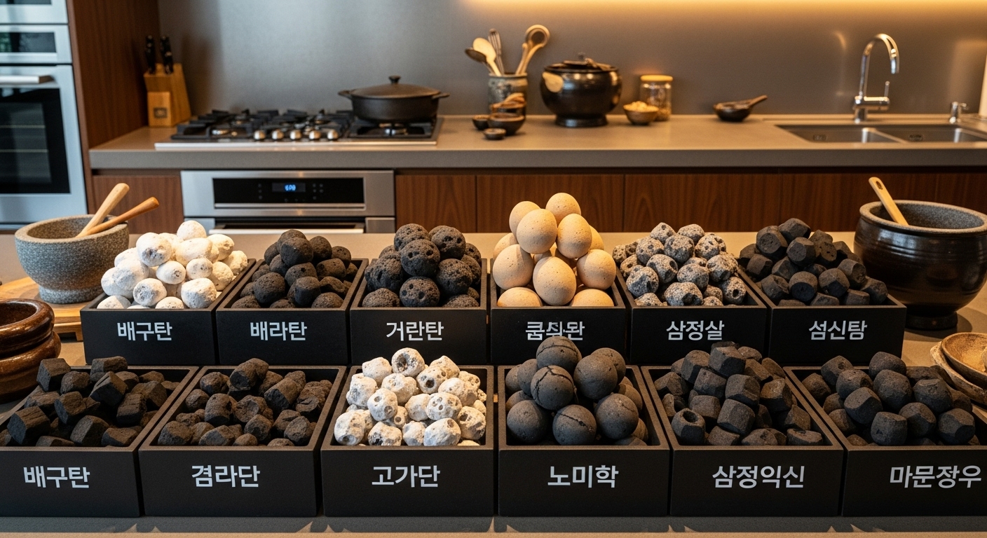 다양한 용도로 구분된 숯들이 깔끔하게 정리된 한국 주방 환경