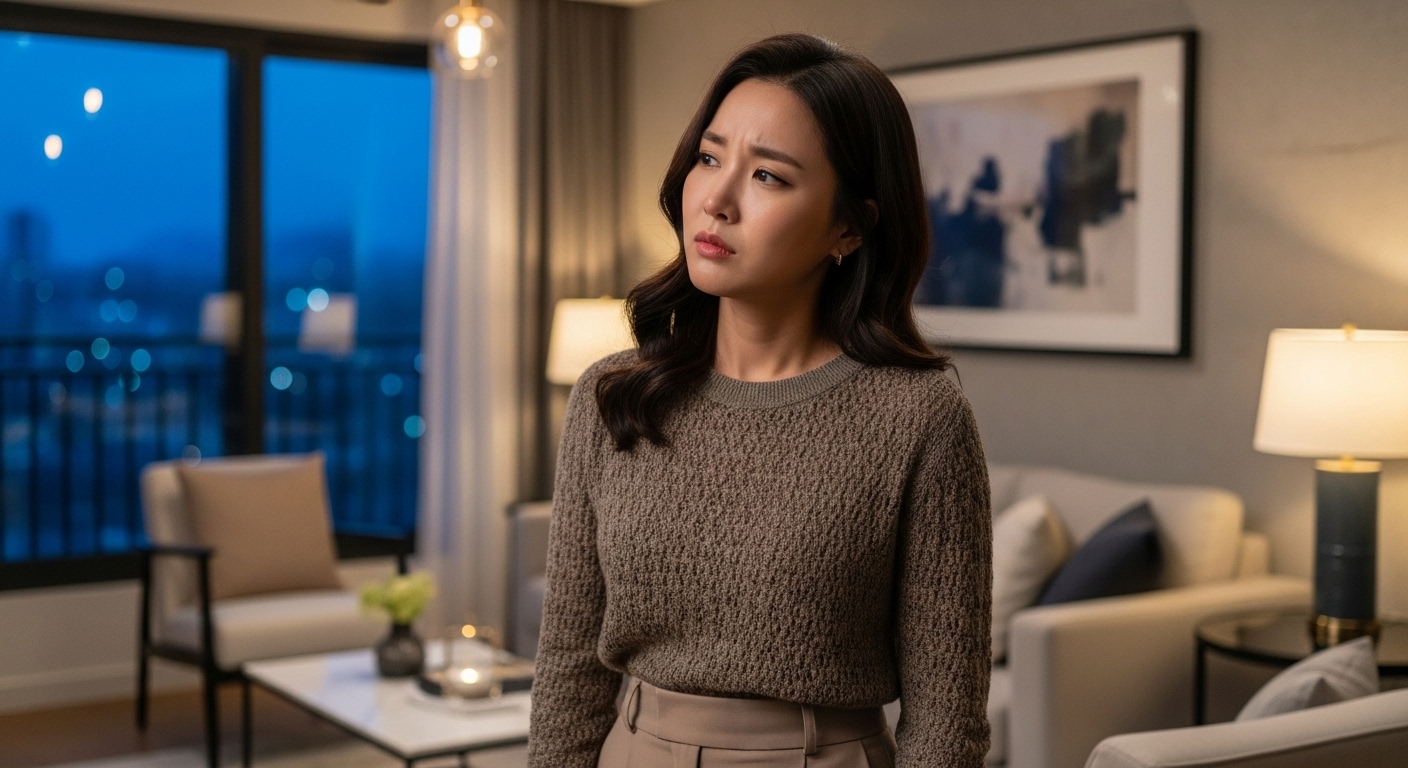 아파트 내부에서 남편에게 다양한 감정을 보이는 여성