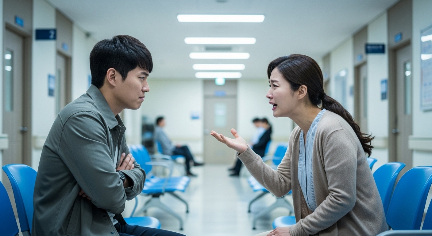 병원 대기실에서 심각하게 다투는 한국 커플