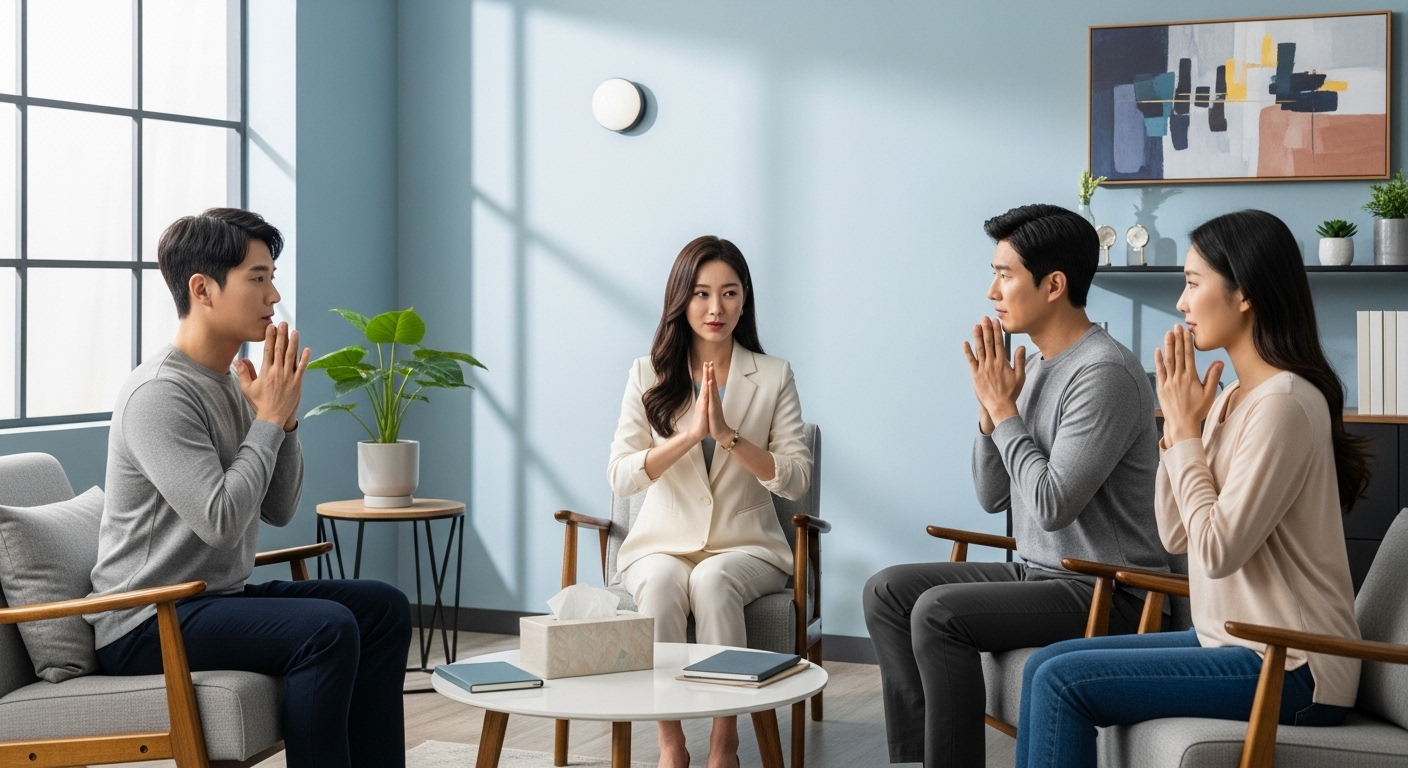 상담사와 함께 감정 조절 연습을 하는 한국 커플