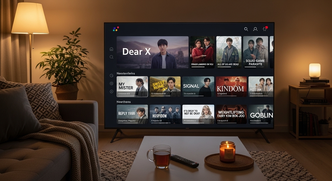 스마트 TV 화면에 한국 드라마가 표시된 거실 장면