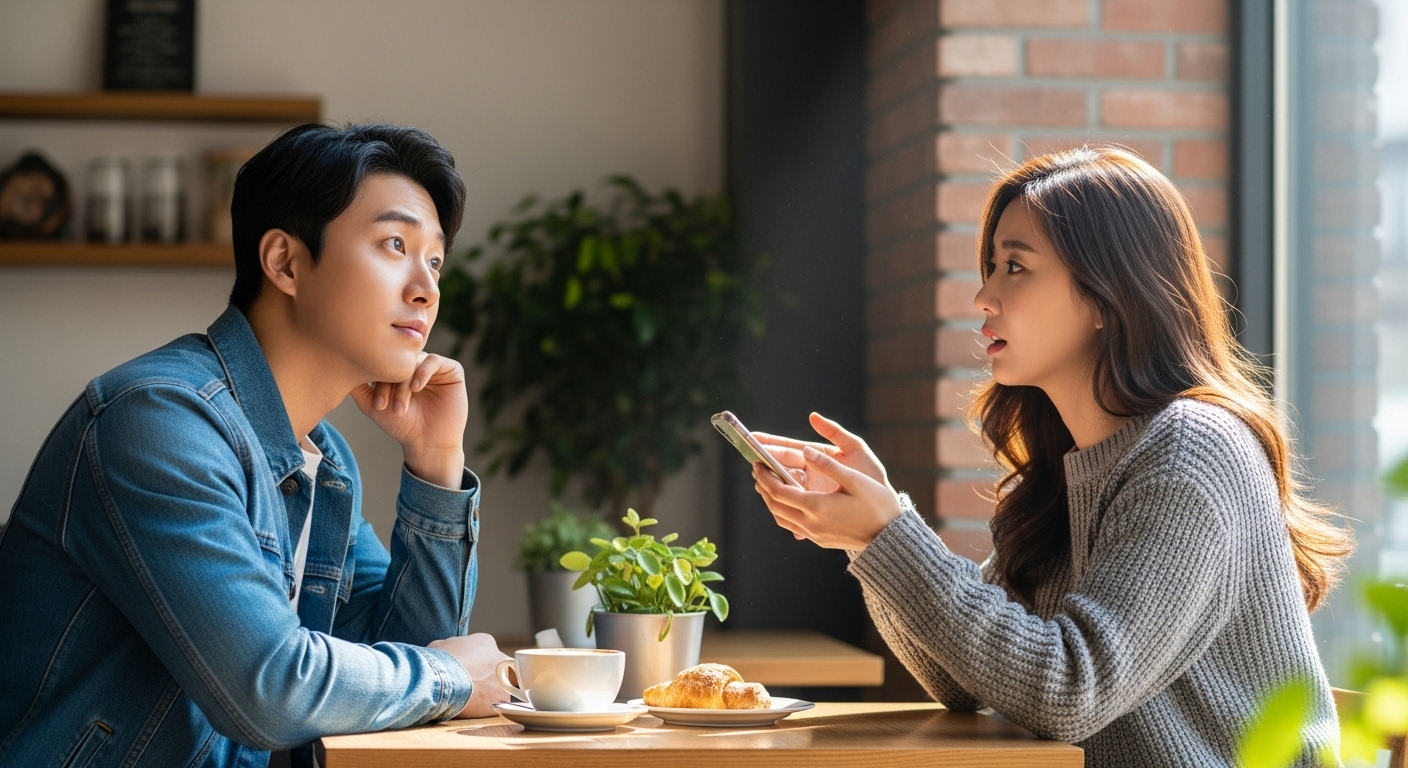 한국인 커플이 지역 카페에서 자켓의 드라이클리닝과 홈세탁에 대해 논의하는 모습