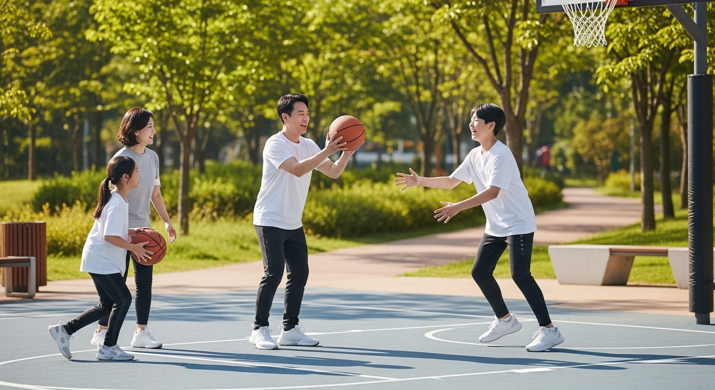 공원에서 농구를 하며 웃고 있는 현대적 한국 가족의 모습
