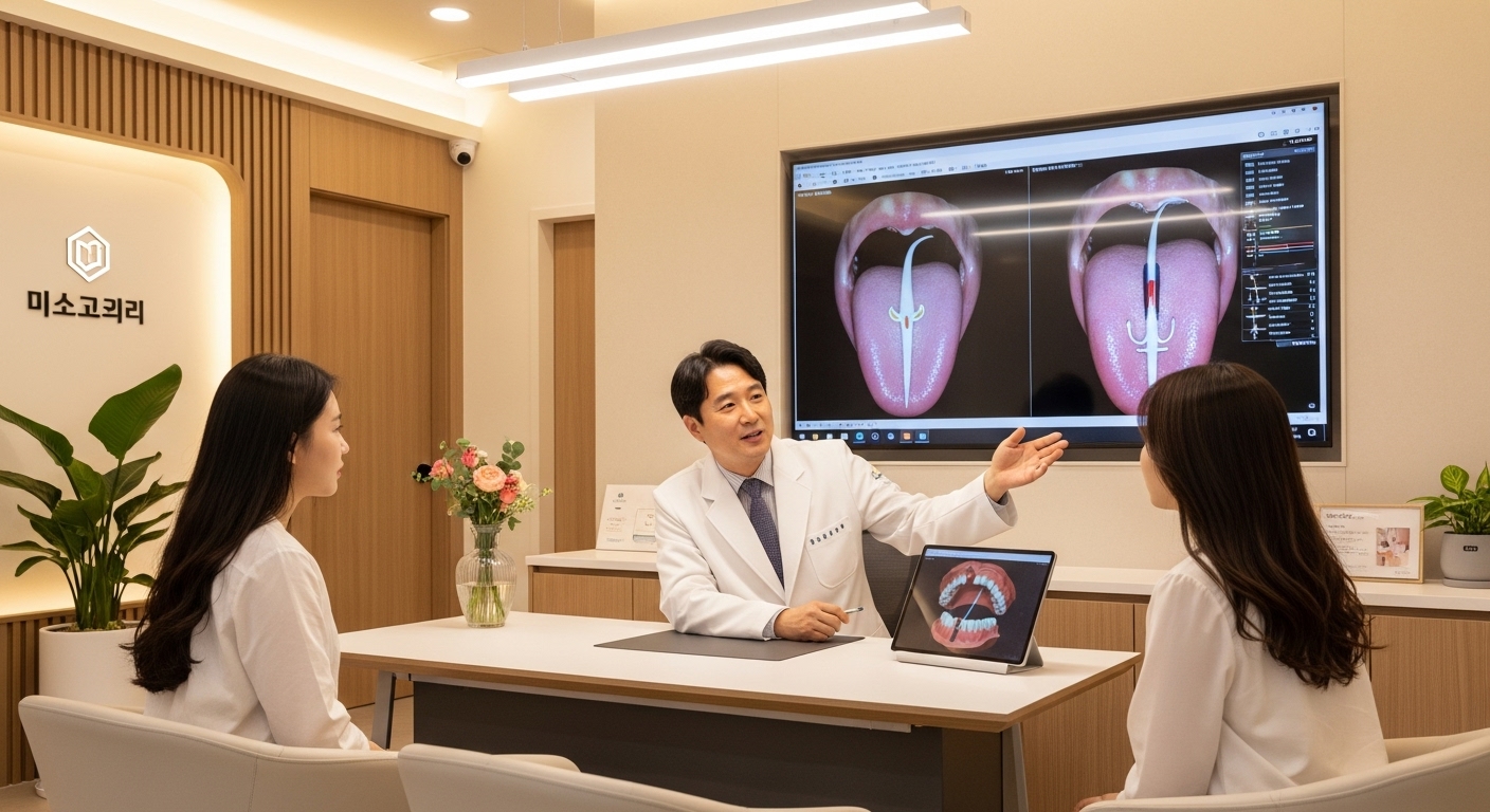 현대적인 한국의 병원에서 의사가 환자에게 설소대 레이저 수술을 설명하는 장면