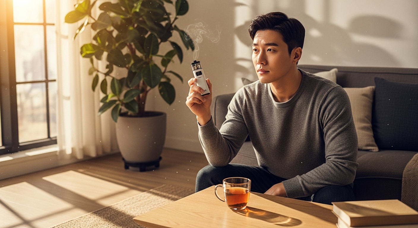 현대적인 거실에서 금연을 고민하며 레딜 제로 전자담배를 들고 있는 남성