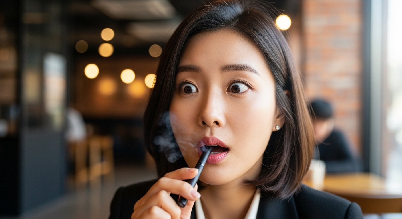 도시 카페에서 레딜 제로의 강한 타격감을 느끼며 놀라워하는 여성