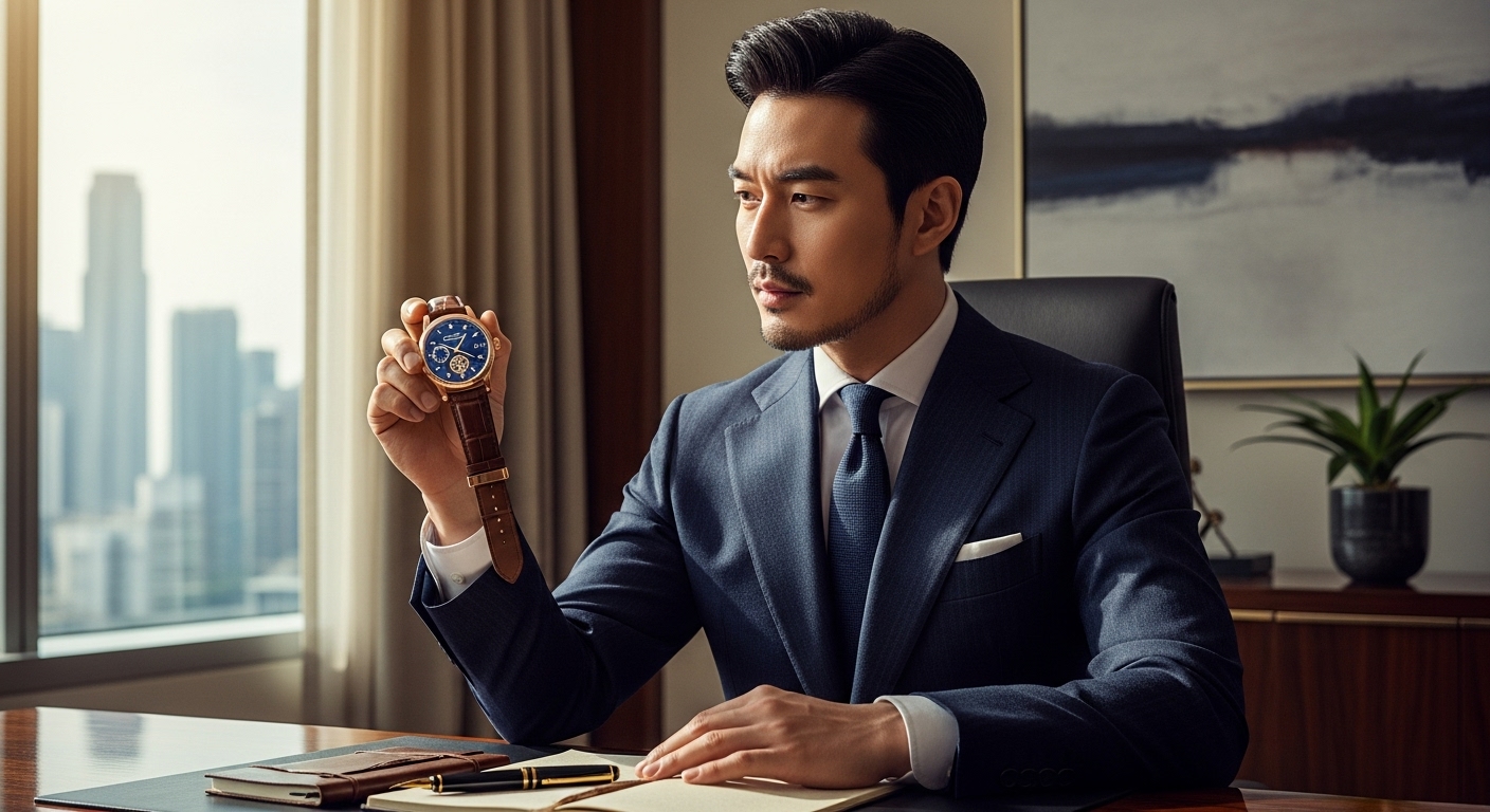세련된 한국 남성이 럭셔리 차르봄바 자동 시계를 살펴보는 모습
