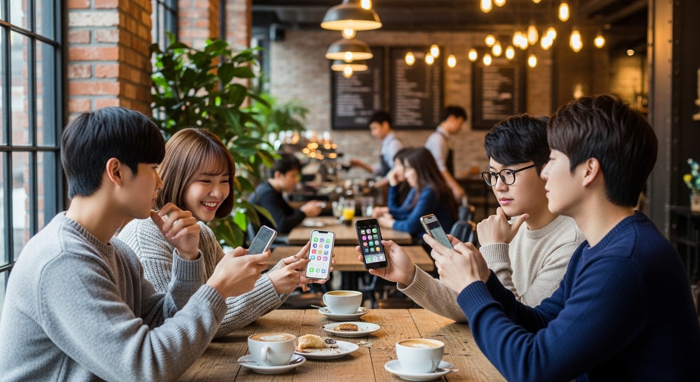 한국 젊은이들이 카페에서 스마트폰으로 현대 소통 트렌드를 이야기하는 모습