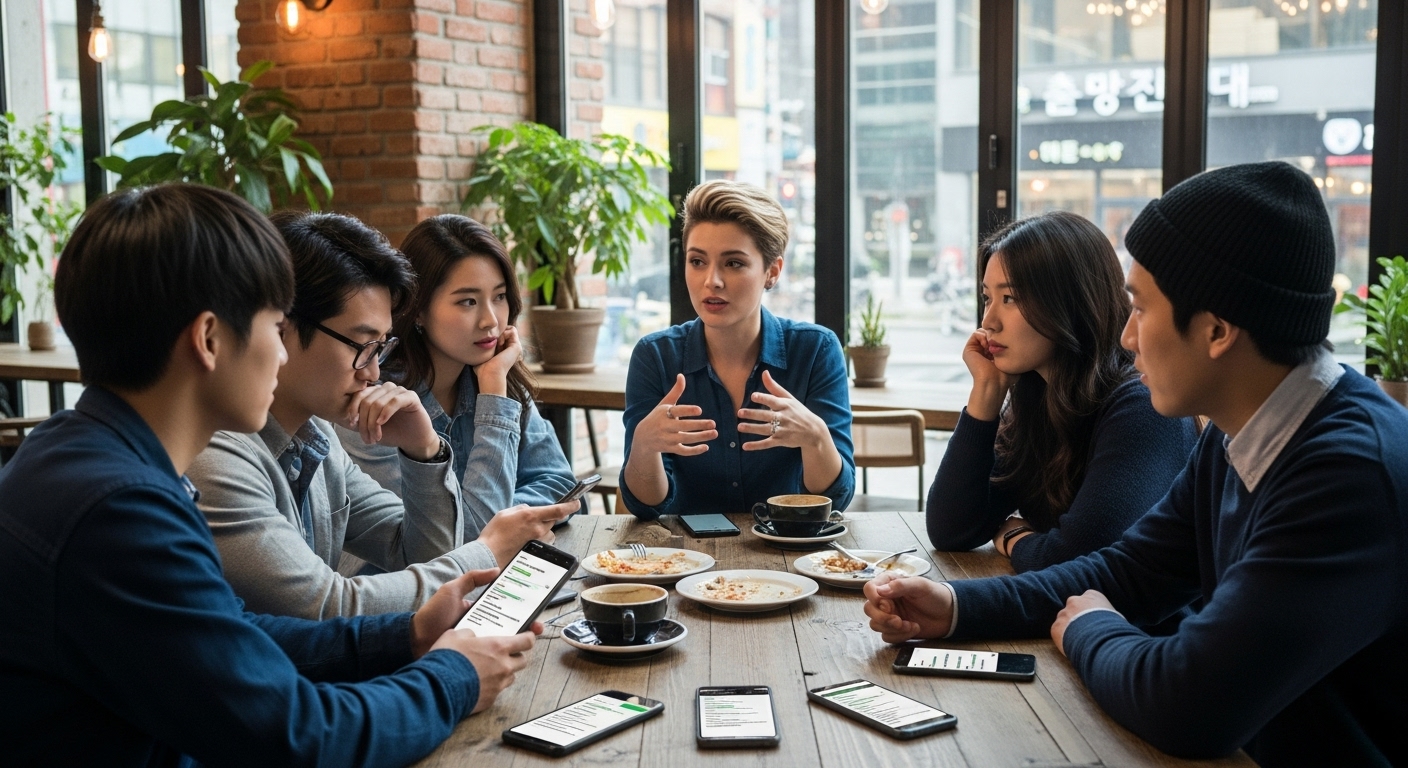 도시 환경에서 디지털 피로와 최소주의 소통을 논의하는 한국 Z세대 그룹