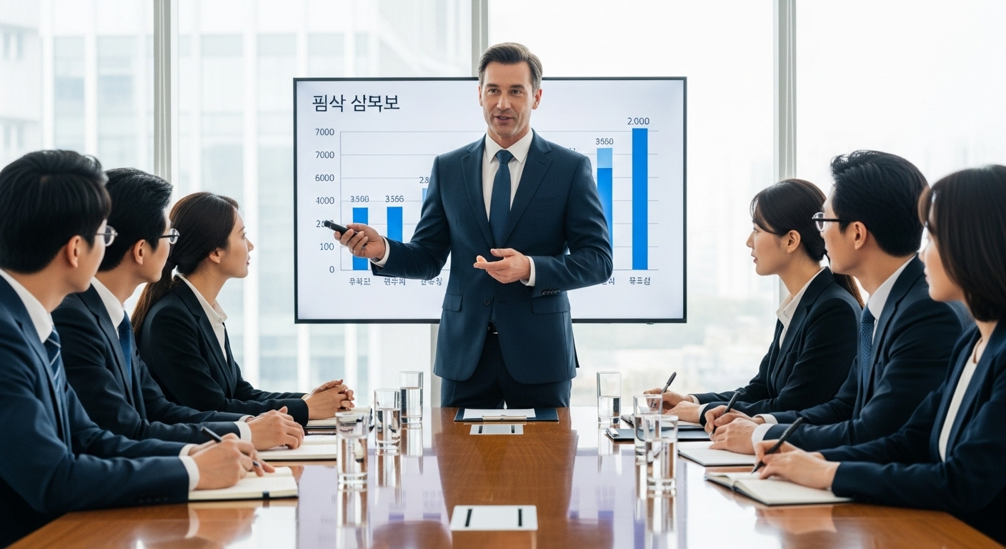 명확하고 간결하게 소통하는 발표자를 경청하는 비즈니스 미팅 상황