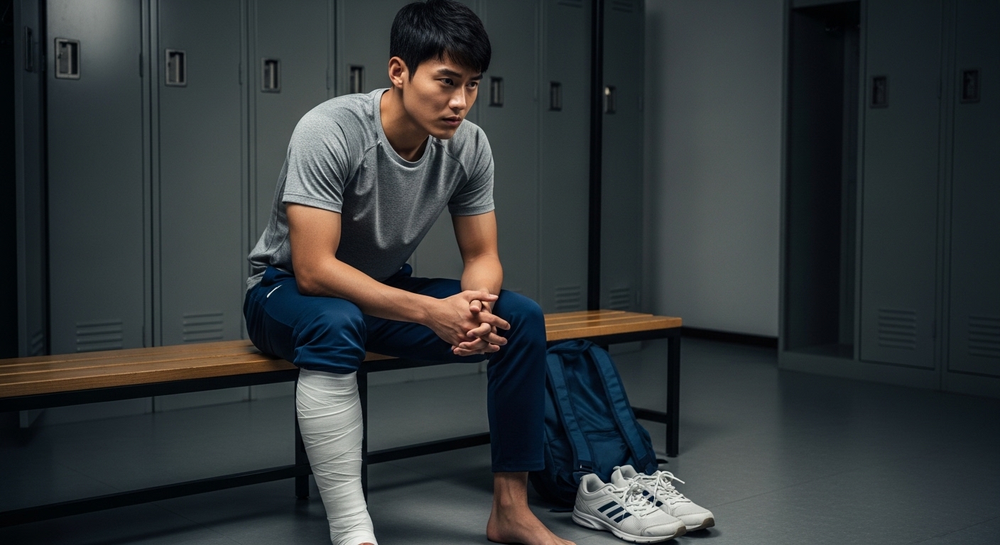 벤치에 앉아 발목을 붕대로 감고 결심한 듯한 표정의 운동선수