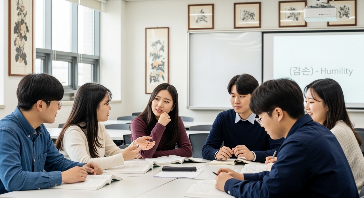 교실에서 겸손이라는 문화적 가치를 토론하는 한국 학생들