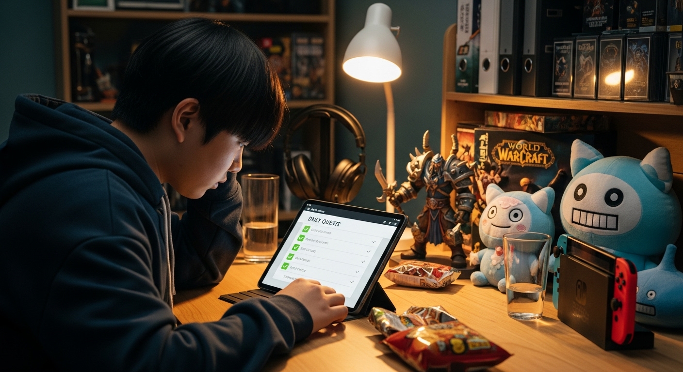 태블릿으로 데일리 퀘스트를 수행하는 학생의 모습