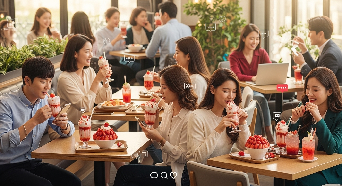 바쁜 카페에서 손님들이 딸기 음료를 즐기는 모습과 활기찬 분위기를 포착한 장면