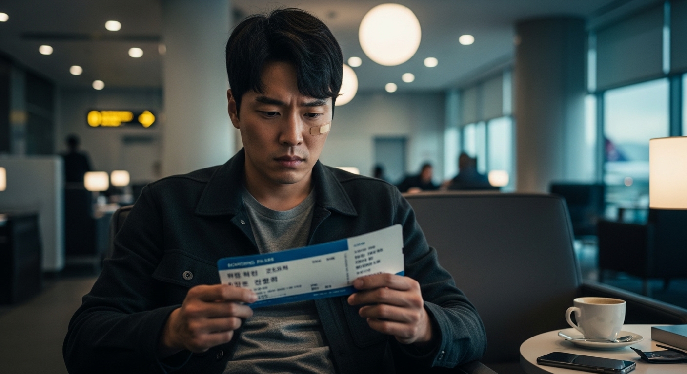 공항 라운지에서 입안에 붕대를 감은 여행객이 걱정스러운 표정으로 탑승권을 바라보는 모습