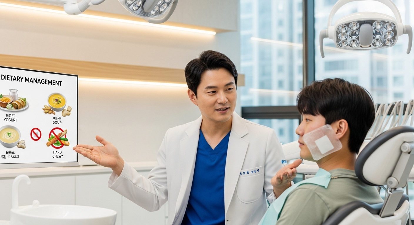 현대식 치과에서 환자에게 사랑니 발치 후 식사 관리의 중요성을 설명하는 치과의사