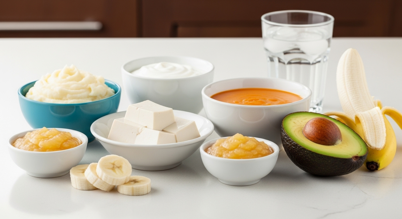 사랑니 발치 후 권장되는 부드러운 두부와 으깬 감자가 주방 카운터에 놓여 있는 모습