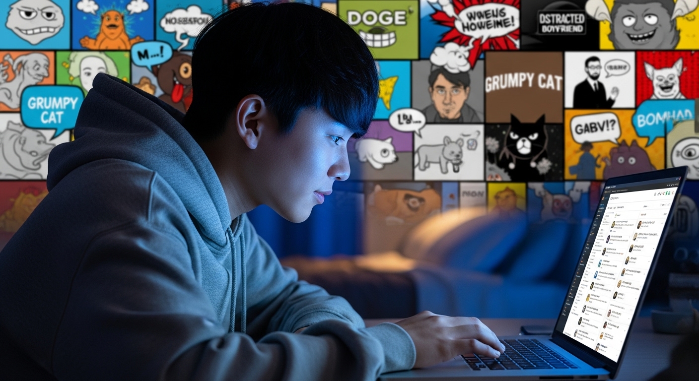 현대 한국 청소년이 노트북으로 온라인 커뮤니티를 둘러보는 모습