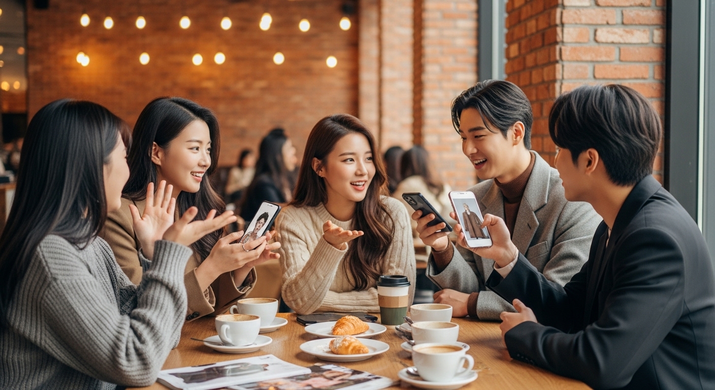 트렌디한 카페에서 패션과 헤어스타일에 대해 이야기하며 스마트폰으로 밈을 공유하는 친구들