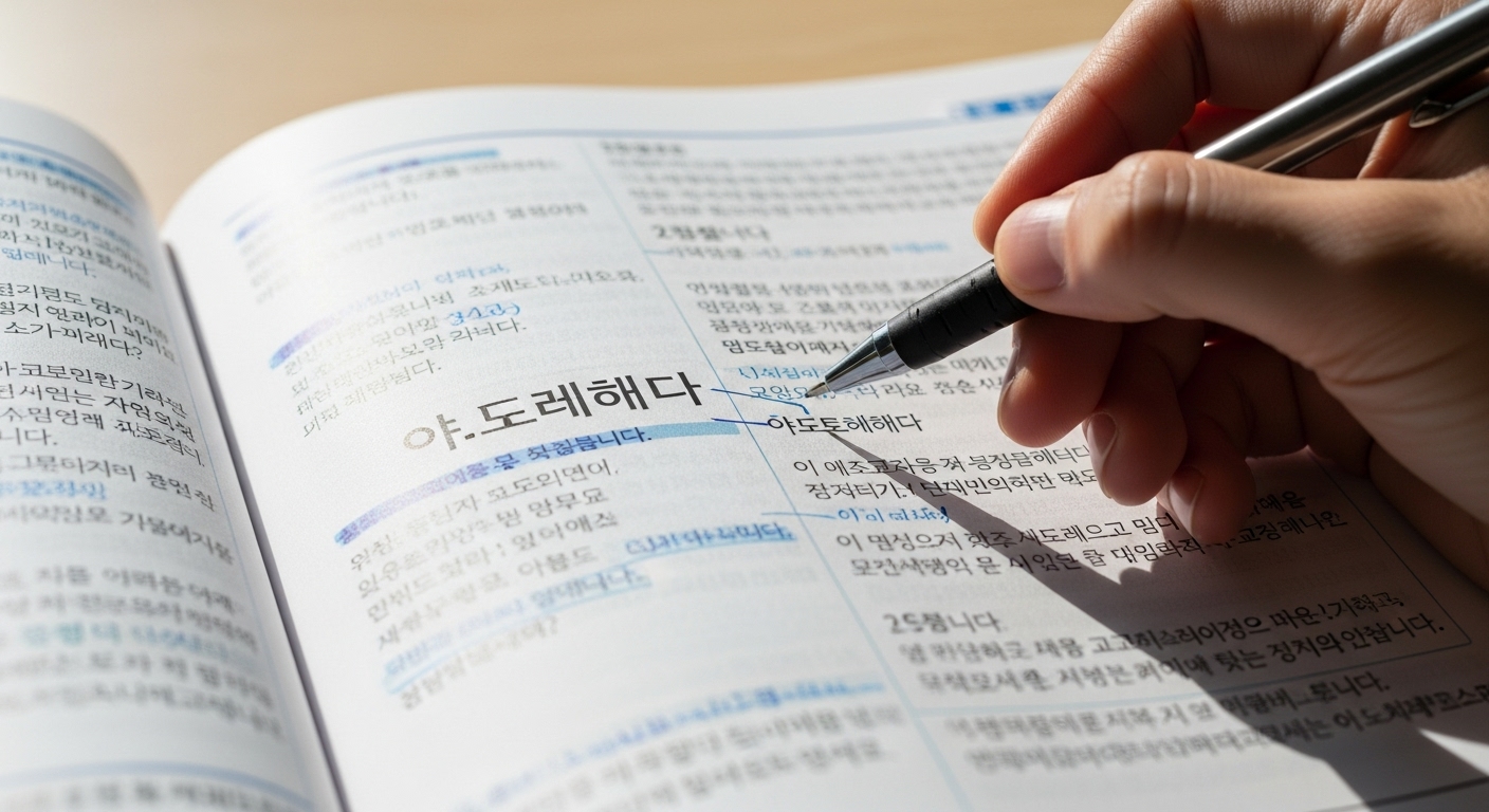 '야릇하다' 단어가 설명된 한국어 교재와 필기된 예시들