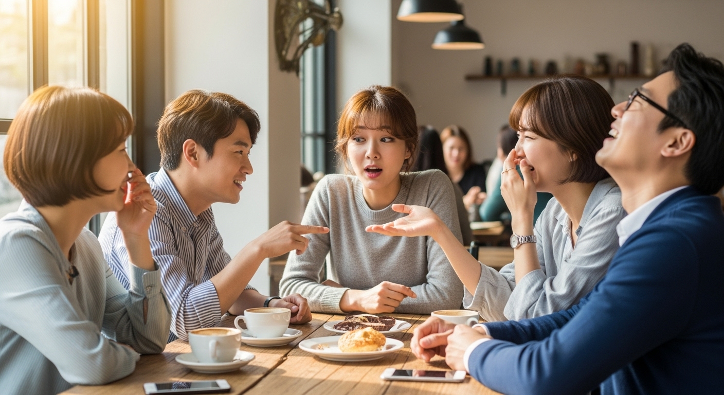 카페 테이블에서 서로 독특한 습관에 대해 웃으며 대화하는 친구들