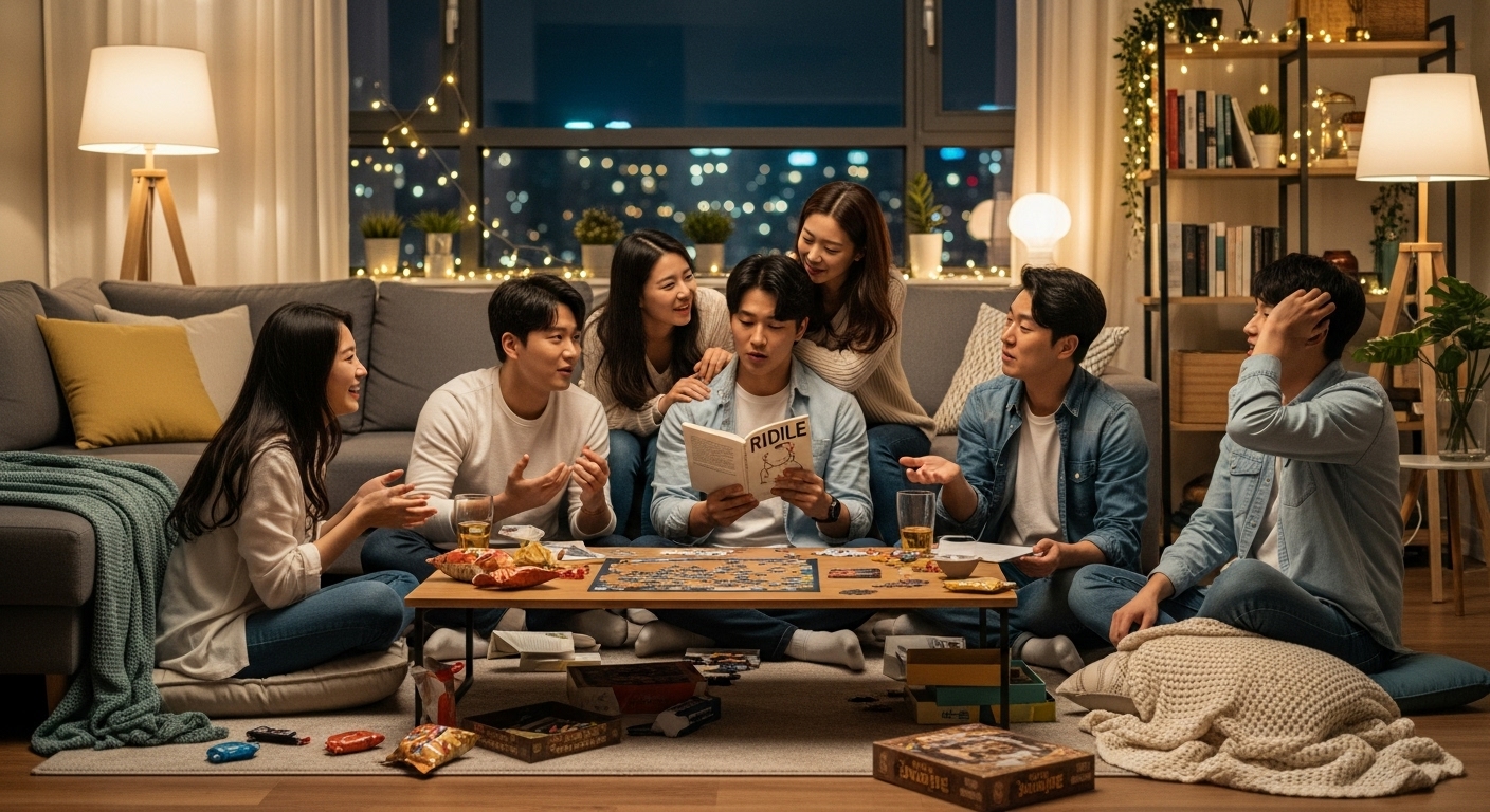 한국 친구들이 거실에 모여 퀴즈를 풀며 웃고 있는 모습