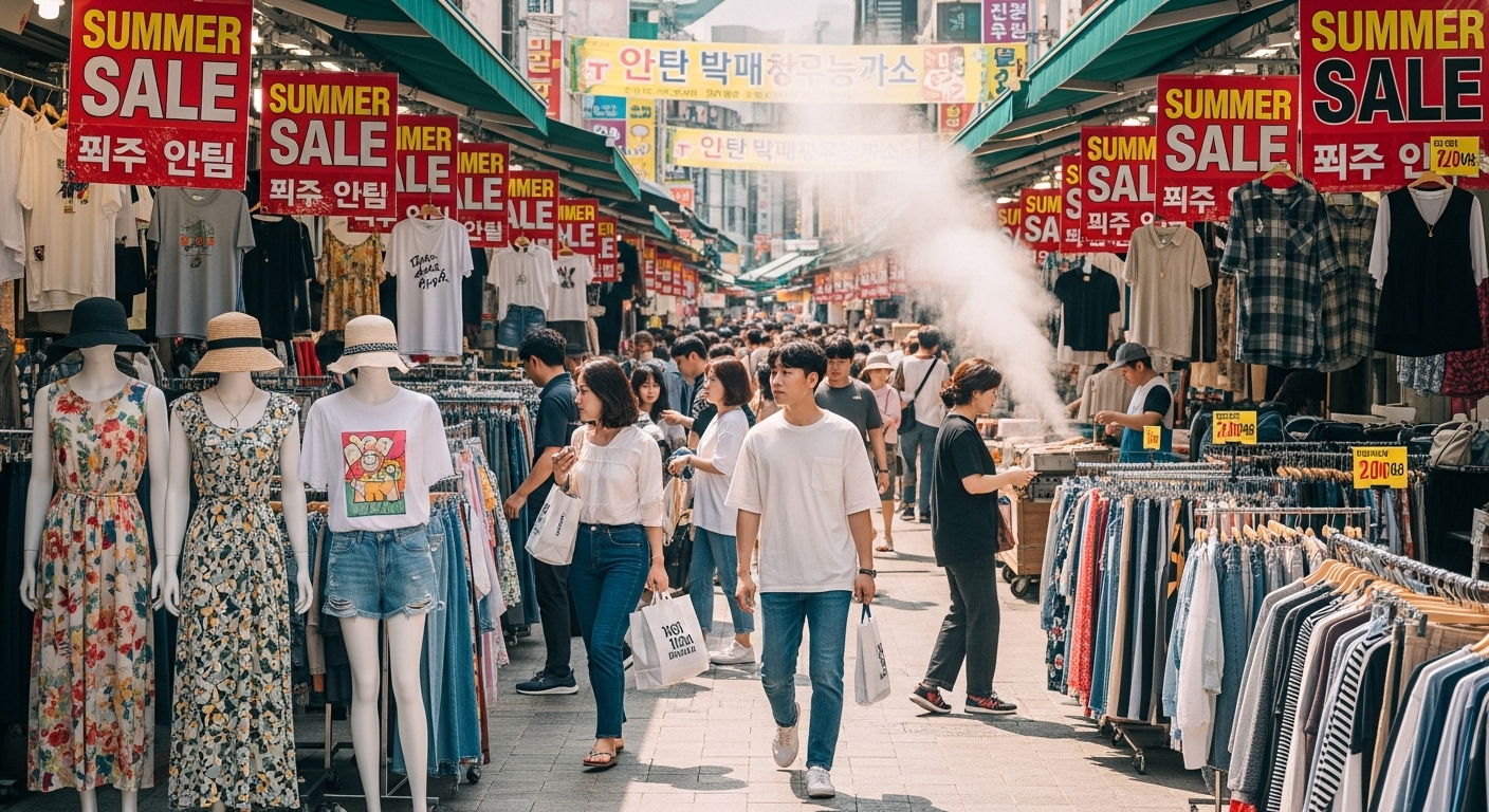 여름 세일 시즌 동안 붐비는 한국의 거리 시장 풍경
