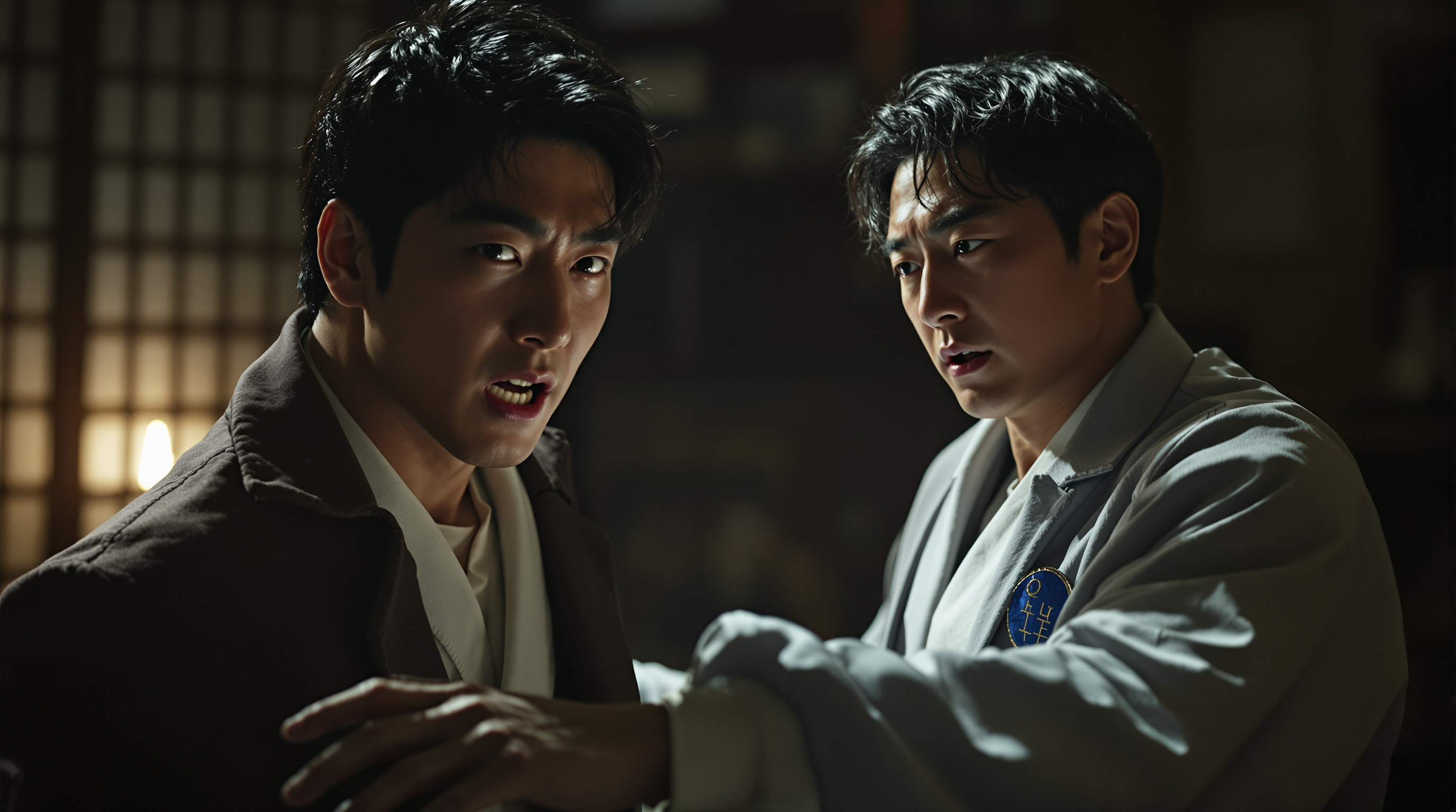 지창욱과 도경수가 드라마 세트장에서 캐릭터로 변신한 모습