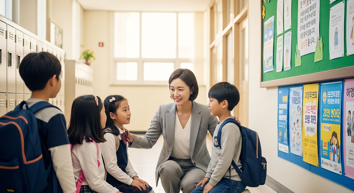 학교 복도에서 학생들과 따뜻하게 소통하며 공감을 나누는 교사의 모습