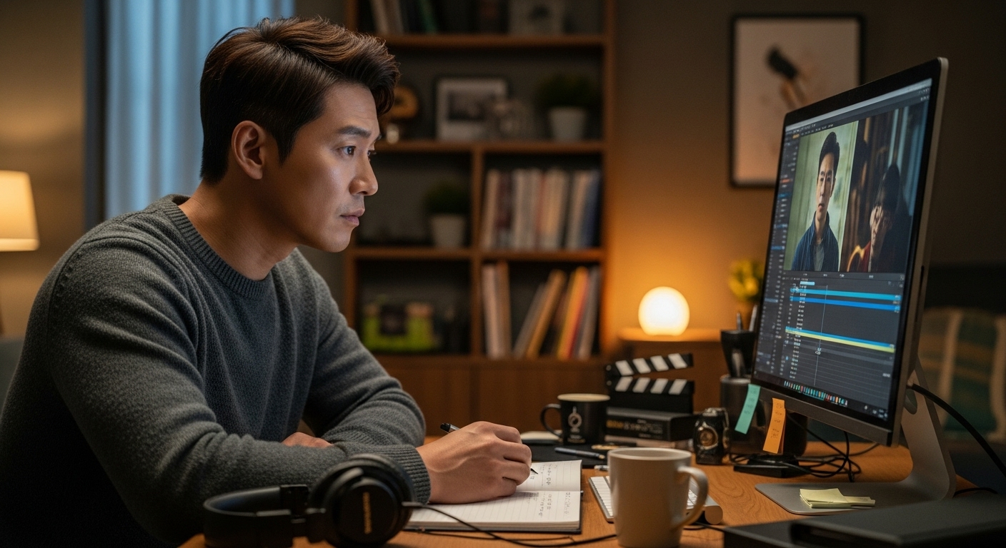 아늑한 방에서 컴퓨터 화면을 보며 영상 클립을 분석하는 한국 배우