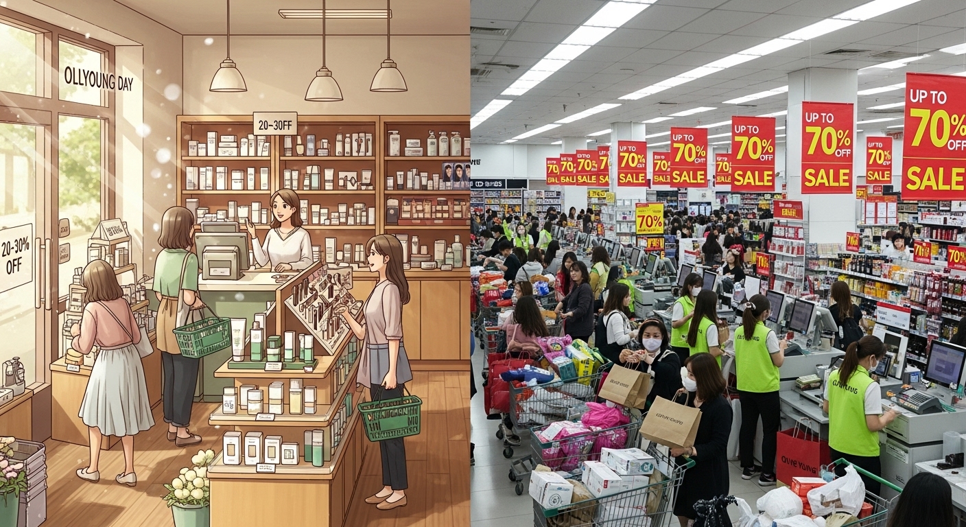 소규모 매장에서의 '올영데이'와 대형 할인 행사인 '올영세일'을 대비한 장면
