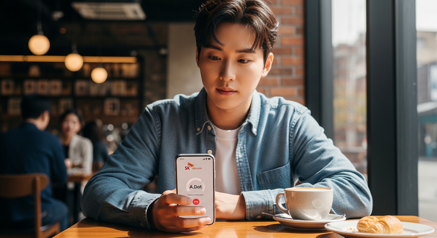 도심 카페에서 SK텔레콤 에이닷 앱으로 조용히 통화를 녹음하는 젊은 성인의 모습