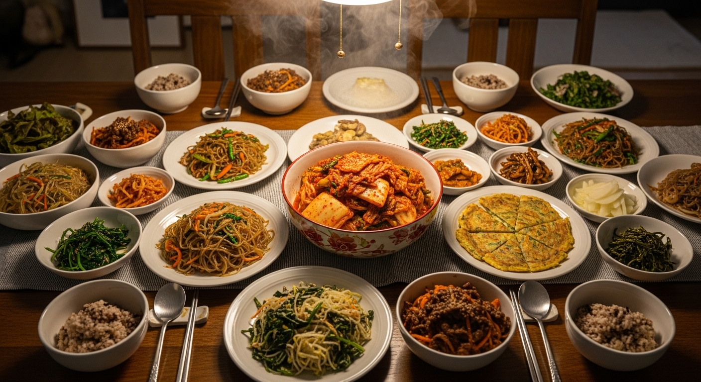 가정 식탁에 중심으로 놓인 집에서 만든 김치와 따뜻한 분위기의 저녁 식사 장면