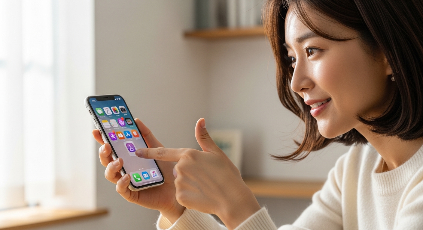 아이폰에서 여러 앱을 닫는 한국 여성의 모습