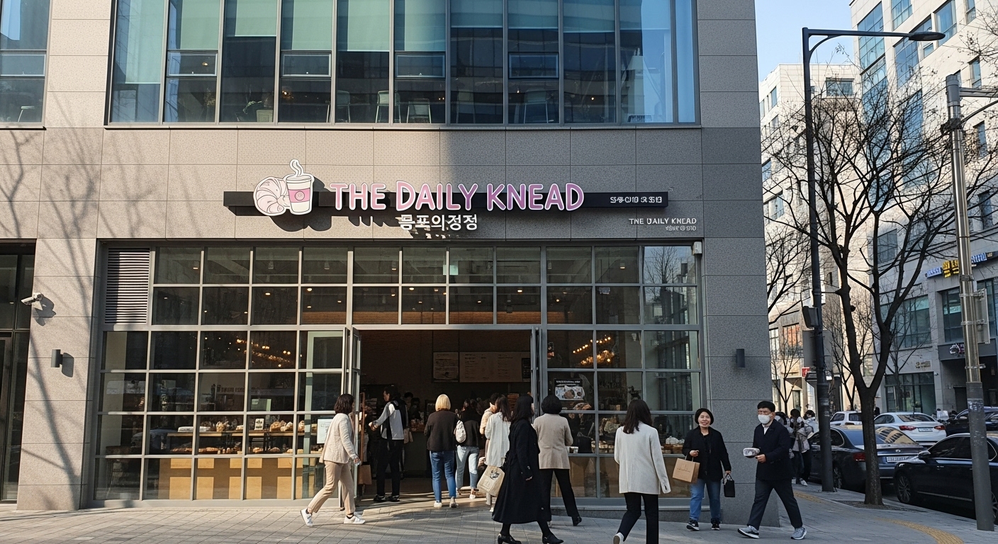 대전 중심부에 위치한 현대적인 베이커리 외관과 활기찬 고객들 모습