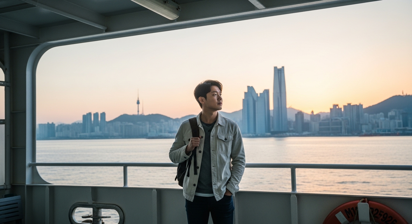 부산항에서 출발하는 페리 갑판 위에서 바다를 바라보는 여행객