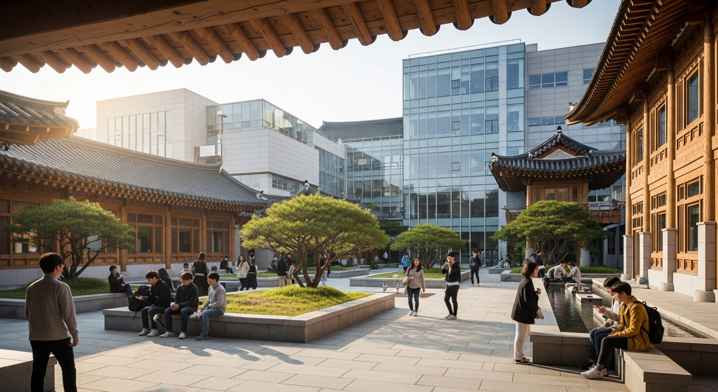 현대 한국 대학 캠퍼스에서 학생들이 토론하는 모습, 전통과 현대 교육이 조화를 이루는 분위기