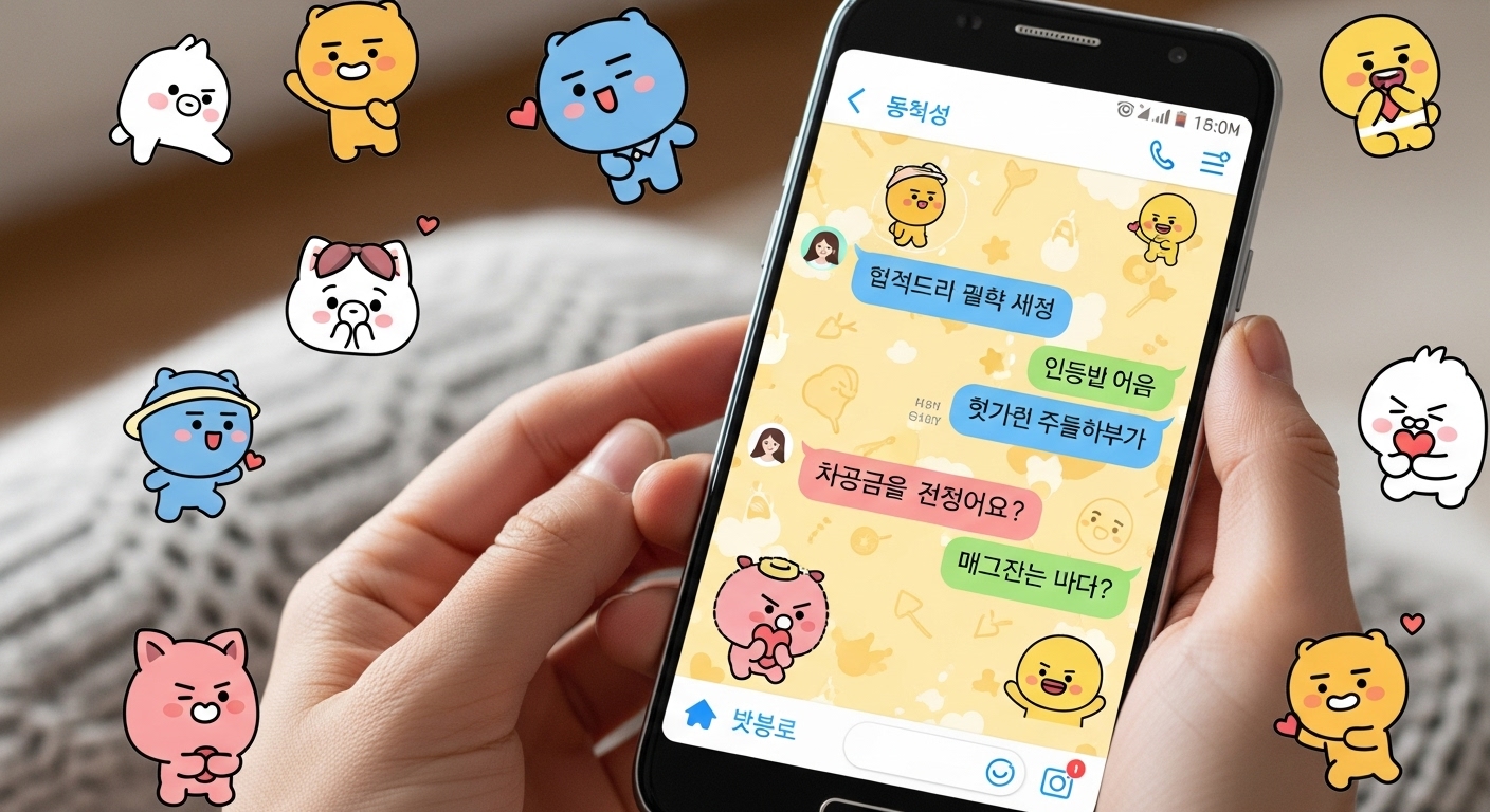 한국인들이 사용하는 귀여운 카카오톡 테마가 적용된 스마트폰 화면
