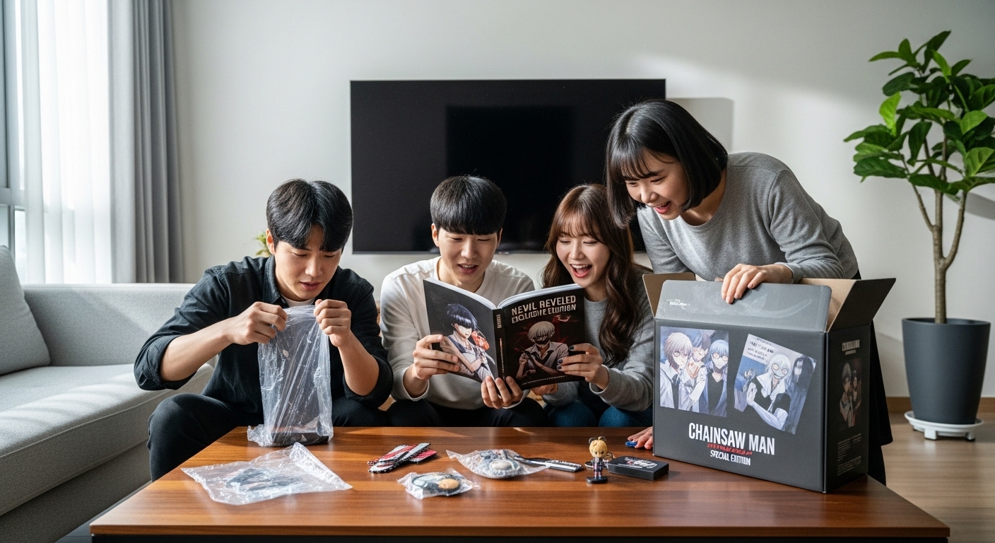 현대적 거실에서 체인소맨 스페셜 에디션을 개봉하며 기뻐하는 팬들