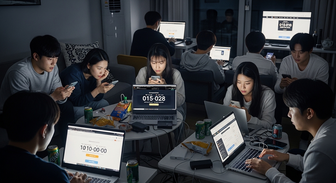 온라인 판매 시작 시간에 맞춰 노트북과 휴대폰에 집중하는 소비자들