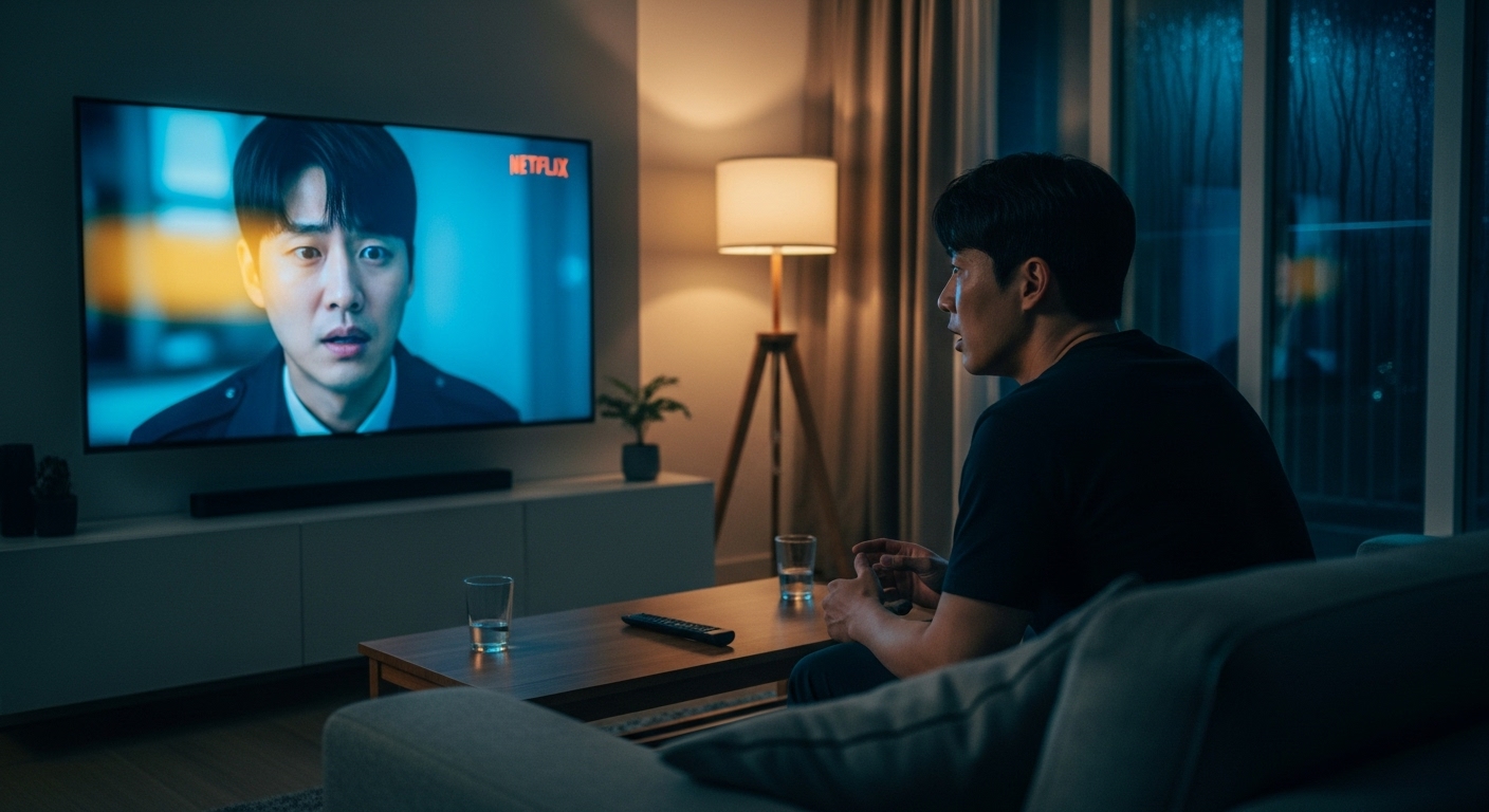 현대 한국 남성이 넷플릭스를 통해 충격적인 드라마를 시청하는 장면