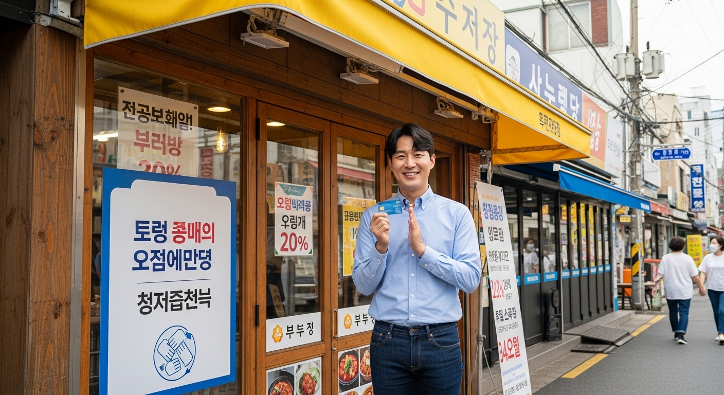 서울의 작은 가게 앞에서 신용카드를 들고 있는 행복한 남성의 모습