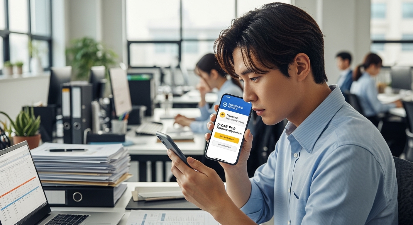 바쁜 직장인이 현대적 사무실에서 스마트폰 알림을 확인하는 모습