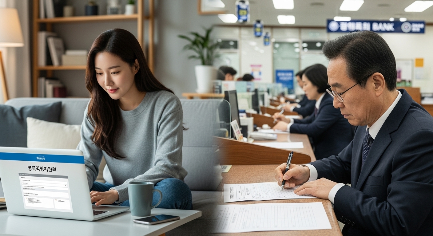집에서 노트북으로 온라인 신청 중인 젊은 여성과 은행 창구에서 서류를 작성하는 중년 남성