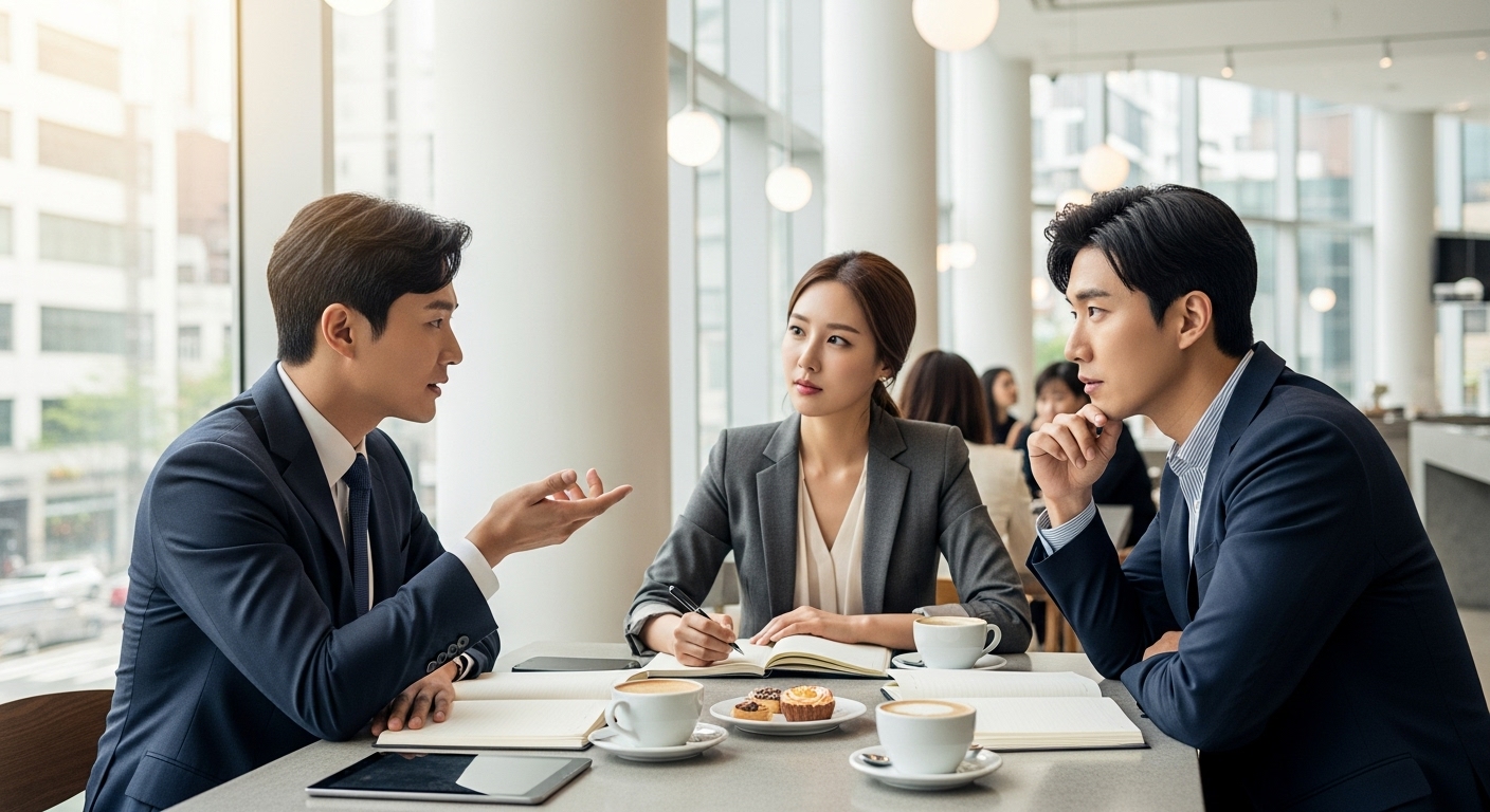 세련된 도시 카페에서 개인 브랜딩 전략에 대해 토론하는 비즈니스 미팅 장면