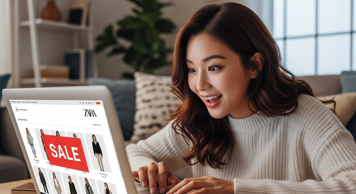젊은 여성이 집에서 노트북으로 자라 세일을 검색하는 모습